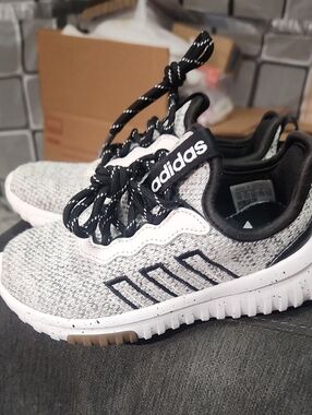 adidas Kids Gray Knit Sneakers with Black and White Accents